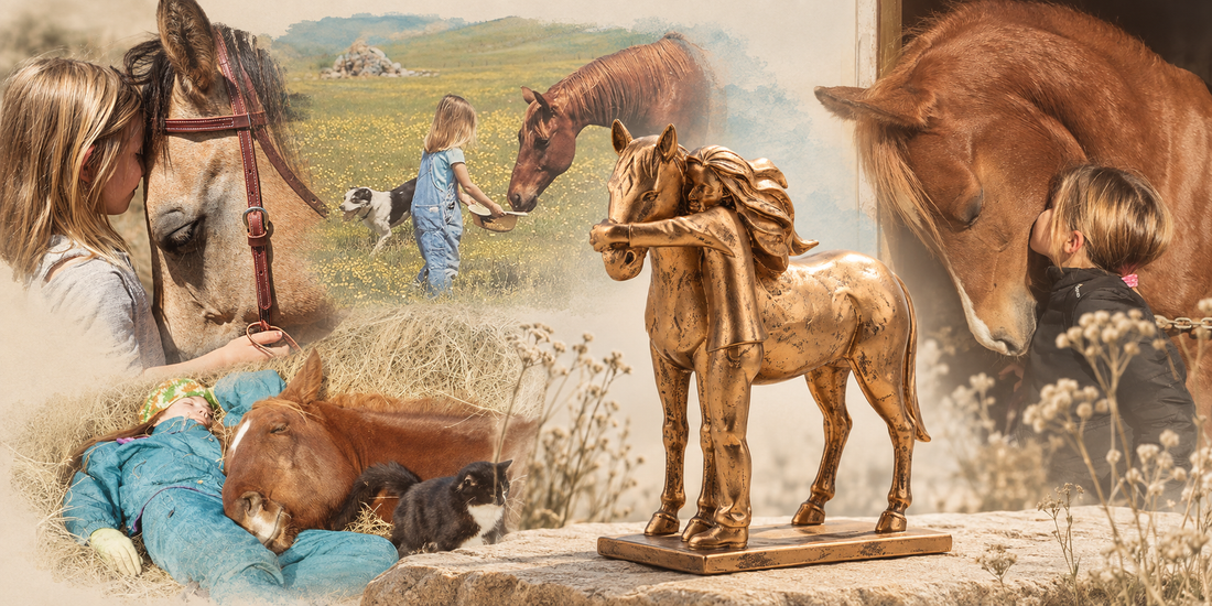 Collage of women and horses surrounding a bronze Horse & Girl figurine