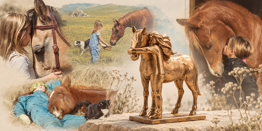Collage of women and horses surrounding a bronze Horse & Girl figurine