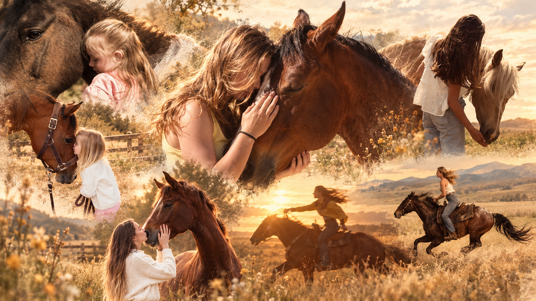 Collage of women and girls embracing horses and riding through golden fields at sunset.