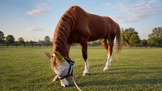 Horse wearing a fly mask grazing in a green pasture