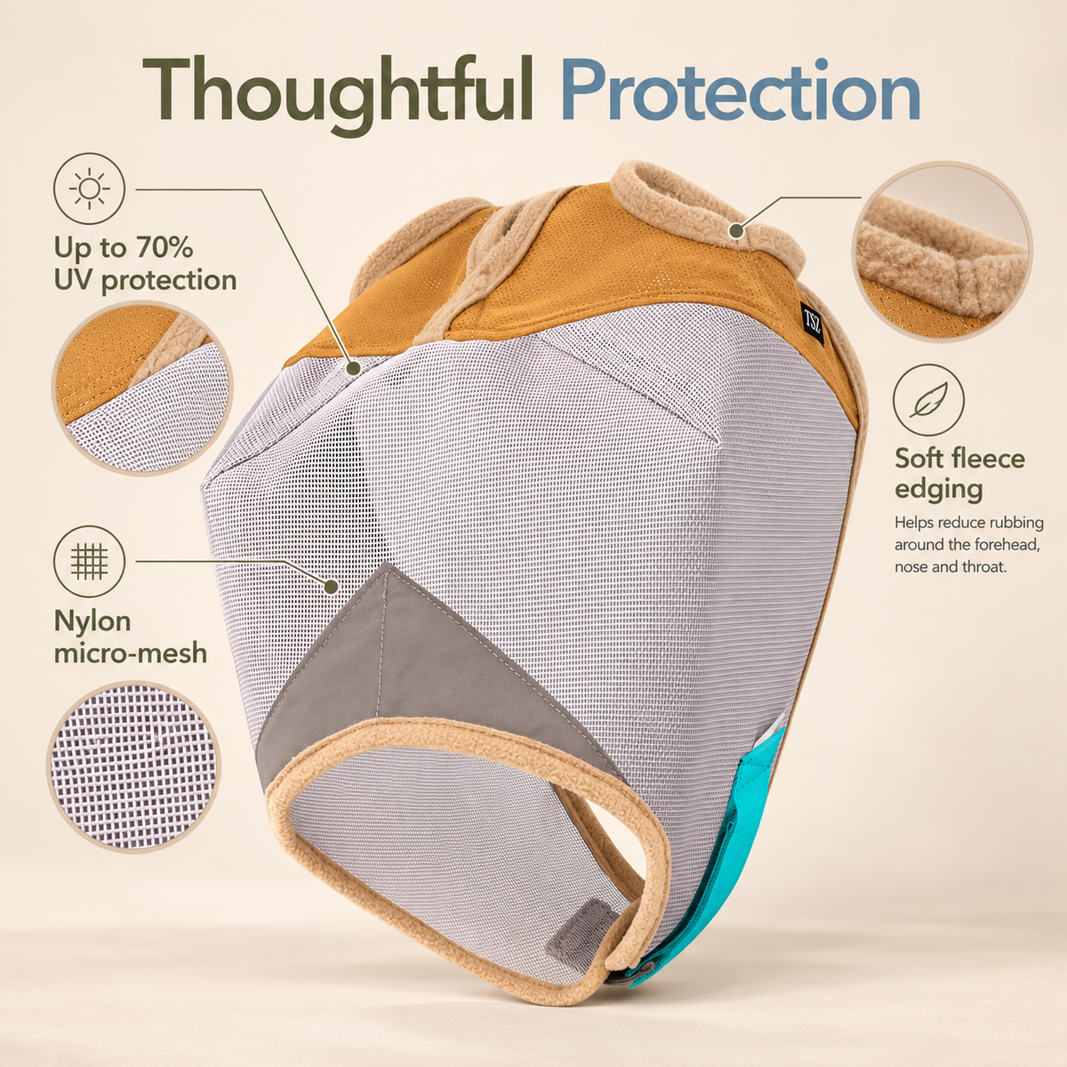 The Sunny Zebra - Máscara o careta anti moscas, protección UV, malla transpirable, suaves bordes de polar, Velcro y elástico ajustable para cualquier caballo adulto de piel sensible [Tamaño Único]. No se caen, se mantienen firmes todo el día.